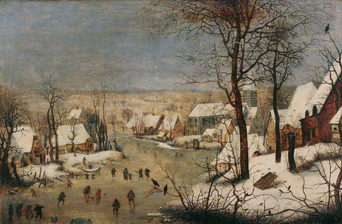 Pieter Brueghel the Younger Winter landscape with ice skaters and a bird trap.